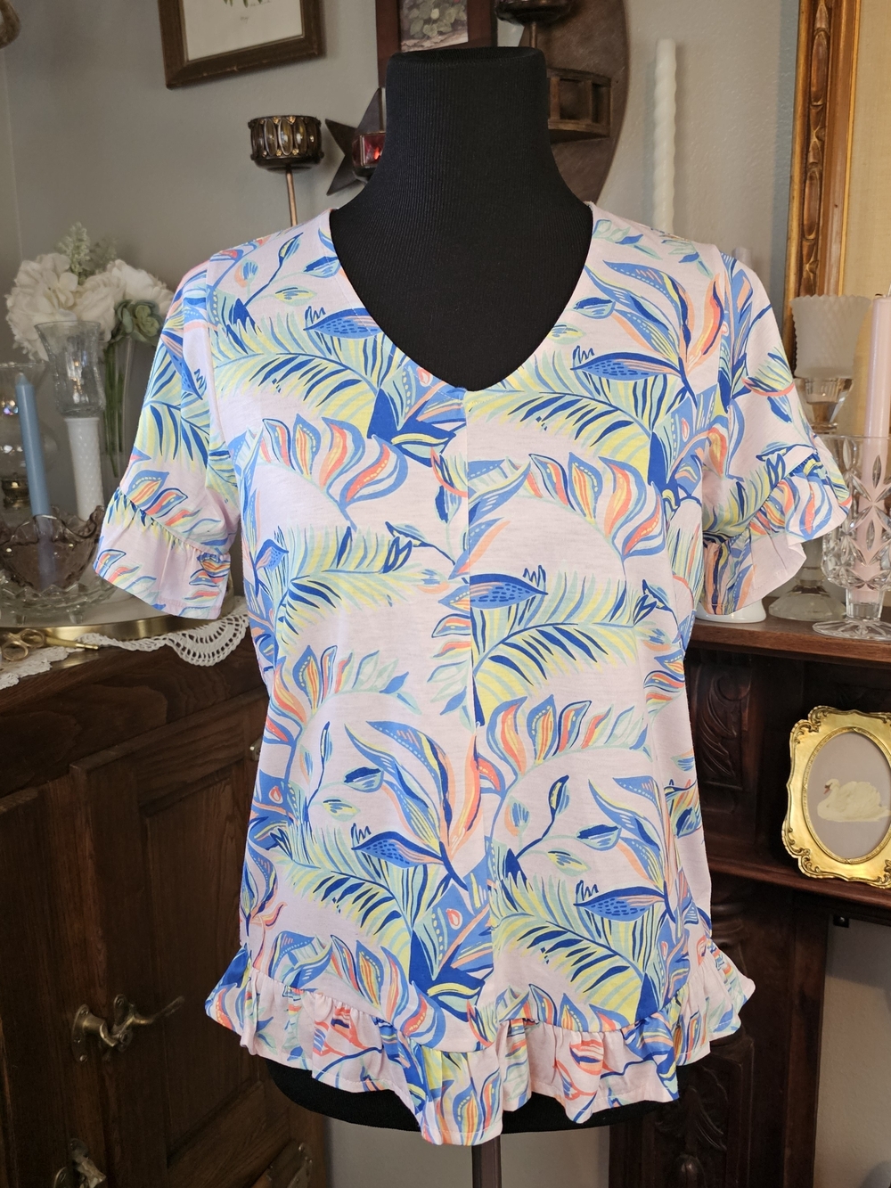 Stella Parker Tropical Print Ruffle Top Small Resort Coastal Preppy